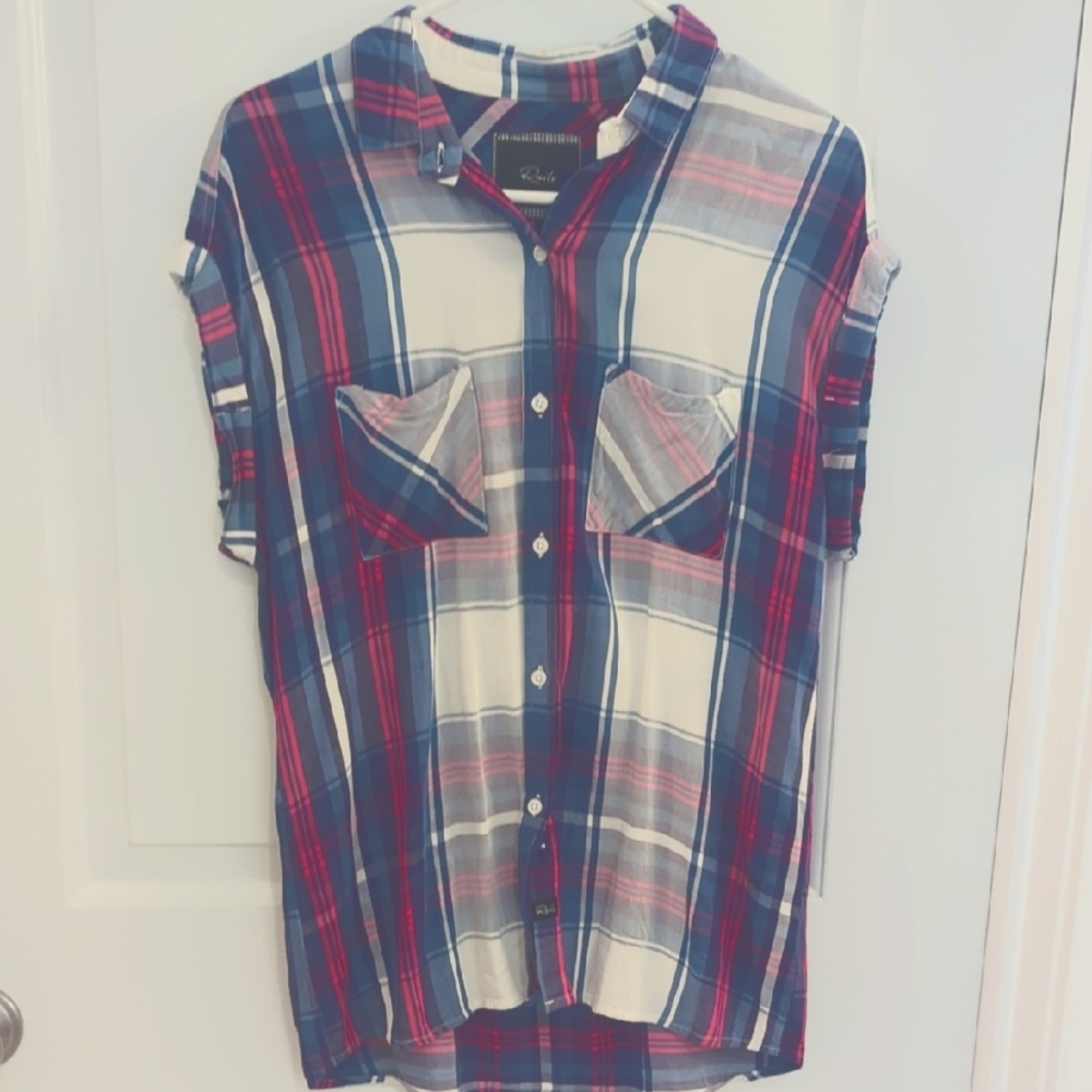 Rails Blue and Pink Button Down Shirt Casual Plaid With Rolled Short Sleeve